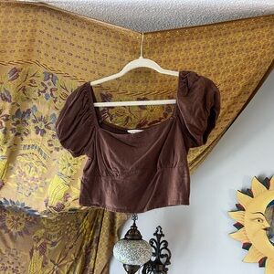 La Hearts Brown Puff-Sleeve Cropped Top
